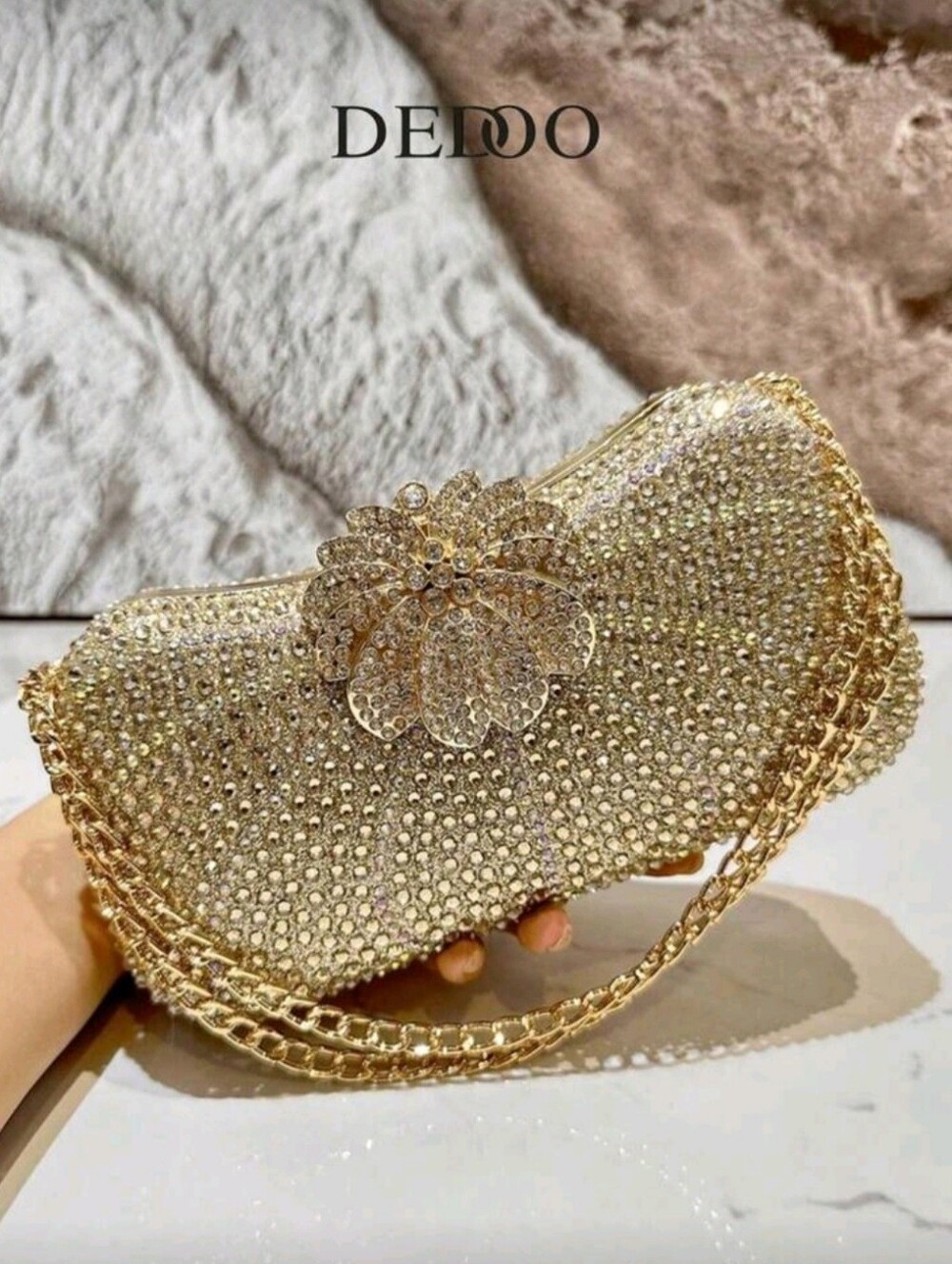 Gold Crystal Flower Clasp Evening Clutch with Chain Strap